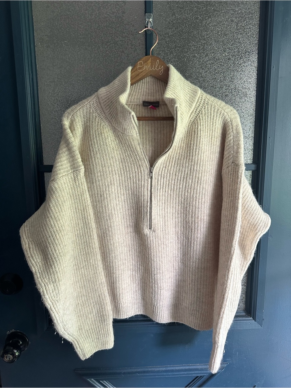 Vince Camuto Cream Ribbed Half-Zip Turtleneck Sweater